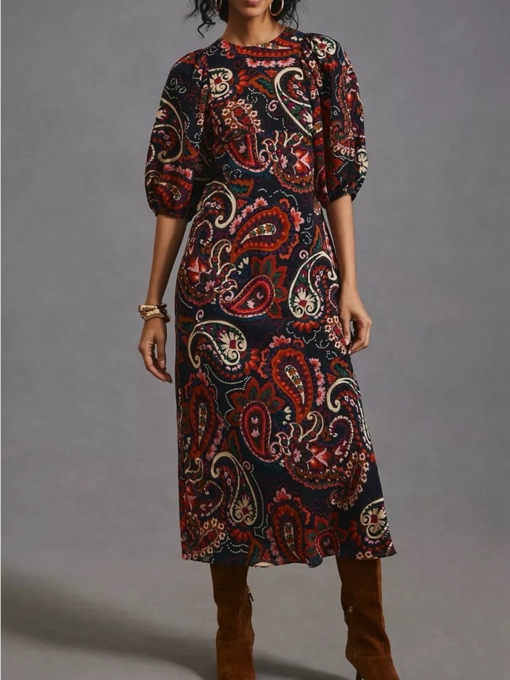 Paisley-Print Midi Dress in Navy and Multi